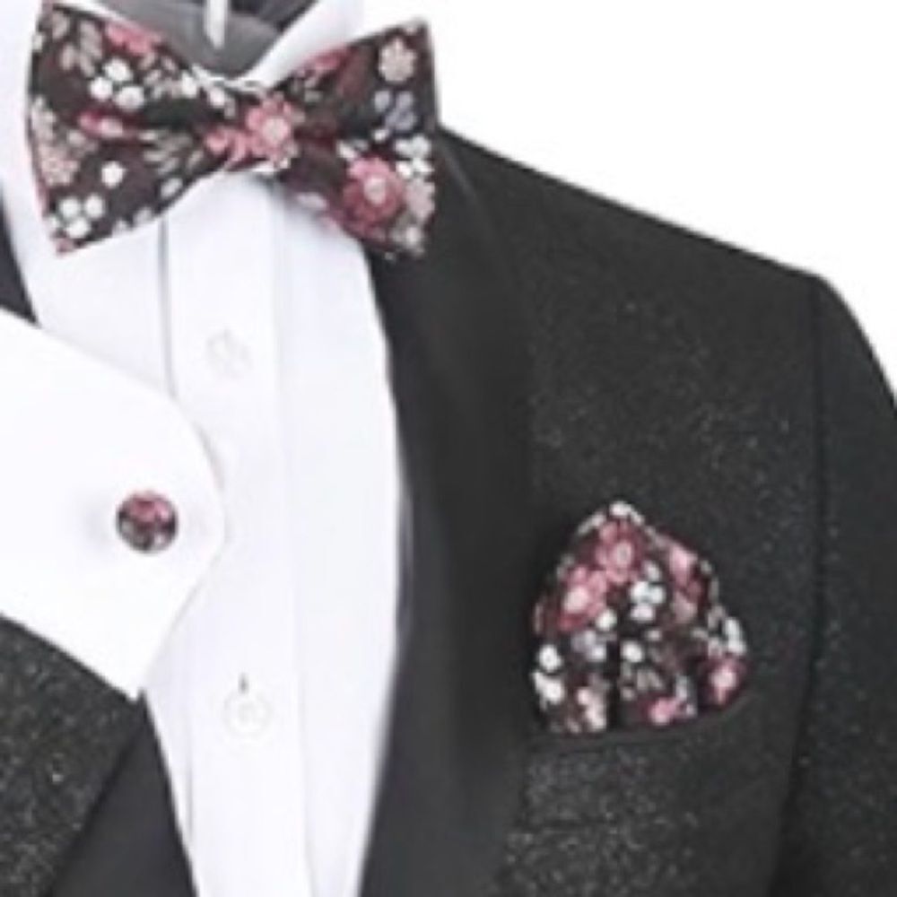 Alizeal Mens Pre-tied Floral Maroon Bow Tie, Pocket Square, Cufflinks Set